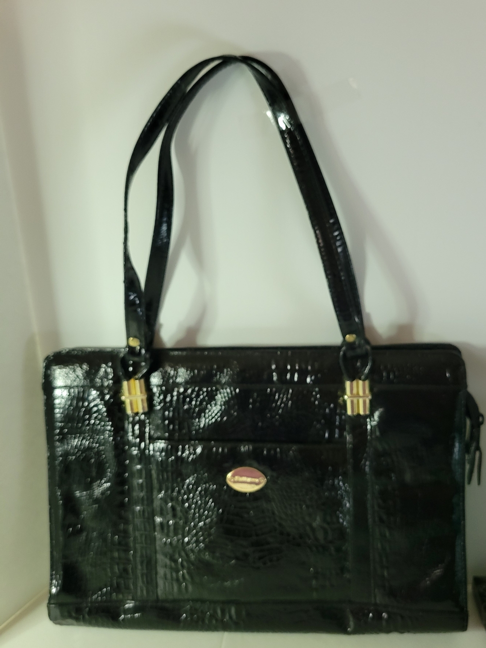Patent Croc-Effect Black Shoulder Bag with Gold Accents. Made In Korea